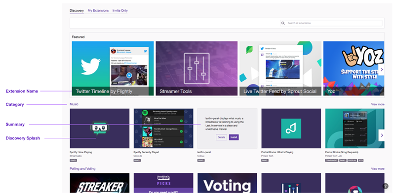Discovery page showing extension names, companies, summaries, and splash screens