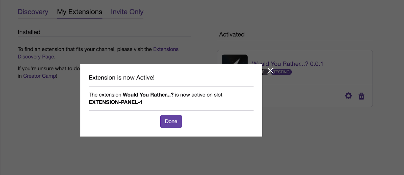 Activation success modal